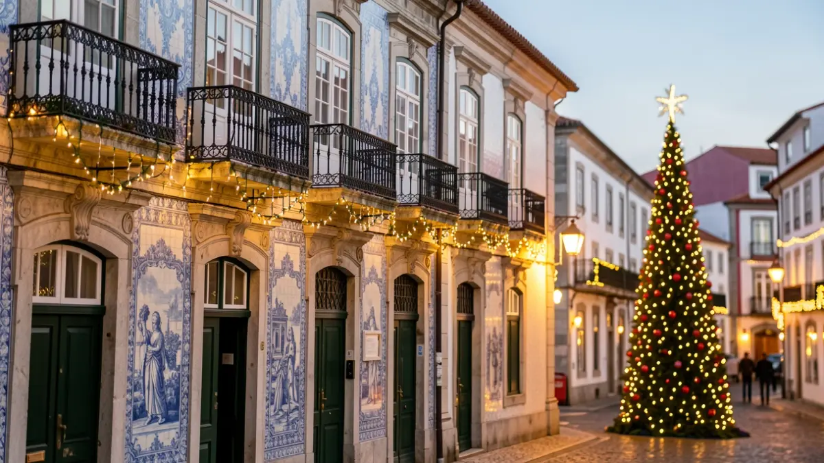 Fachada iluminada da Câmara Municipal de Viana do Castelo com decoração de Natal.