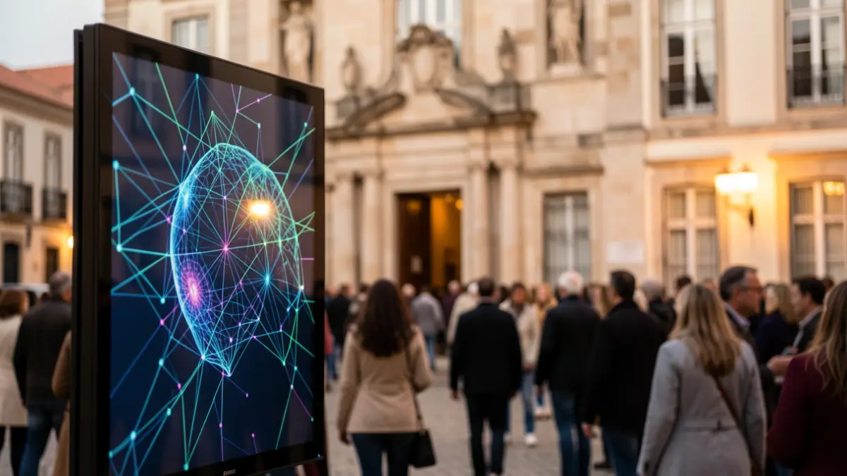 Image of a screen with AI patterns and network connections, with a municipal building facade in the background.