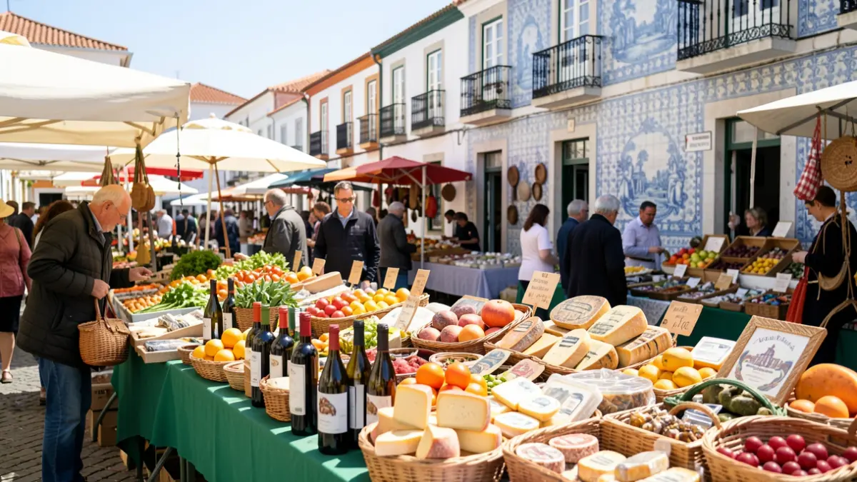 Generic image of a regional products fair in Vila Verde, Portugal, with traditional architecture and a festive atmosphere.