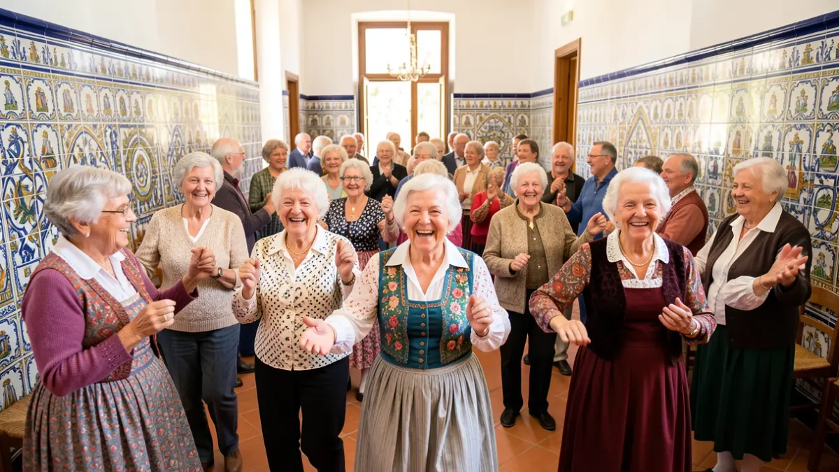 Personas mayores portuguesas participando en una actividad cultural en un salón comunitario.