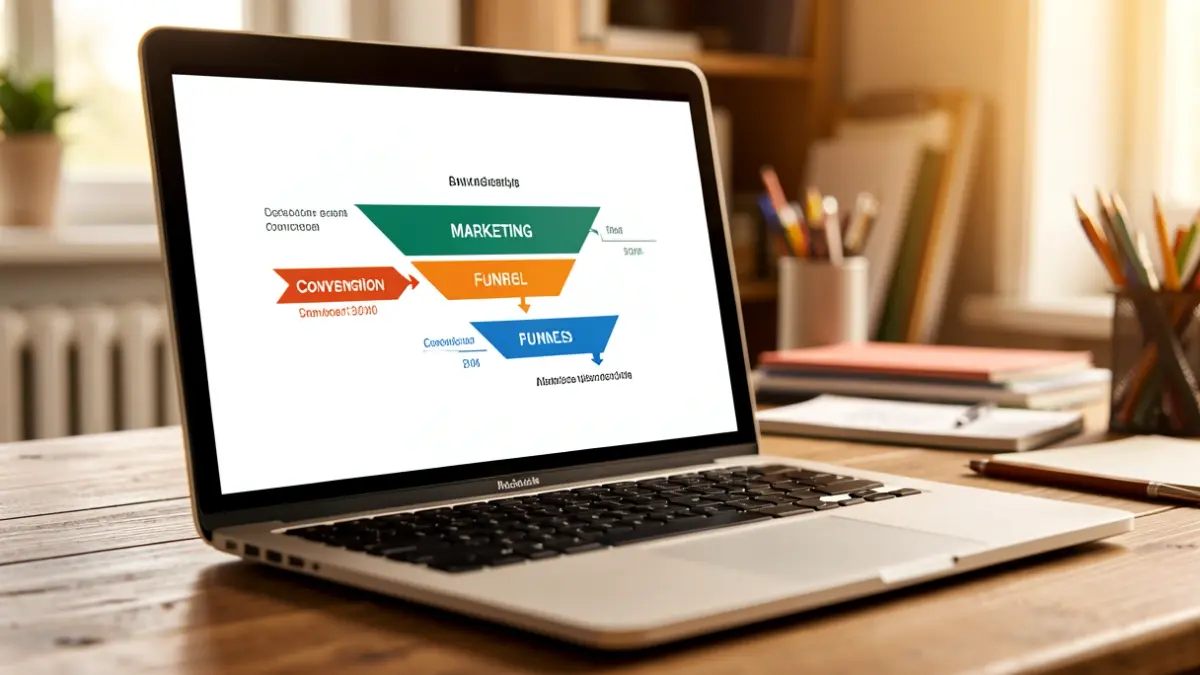 Gráfico de embudo de conversión de marketing digital en una pantalla de ordenador.