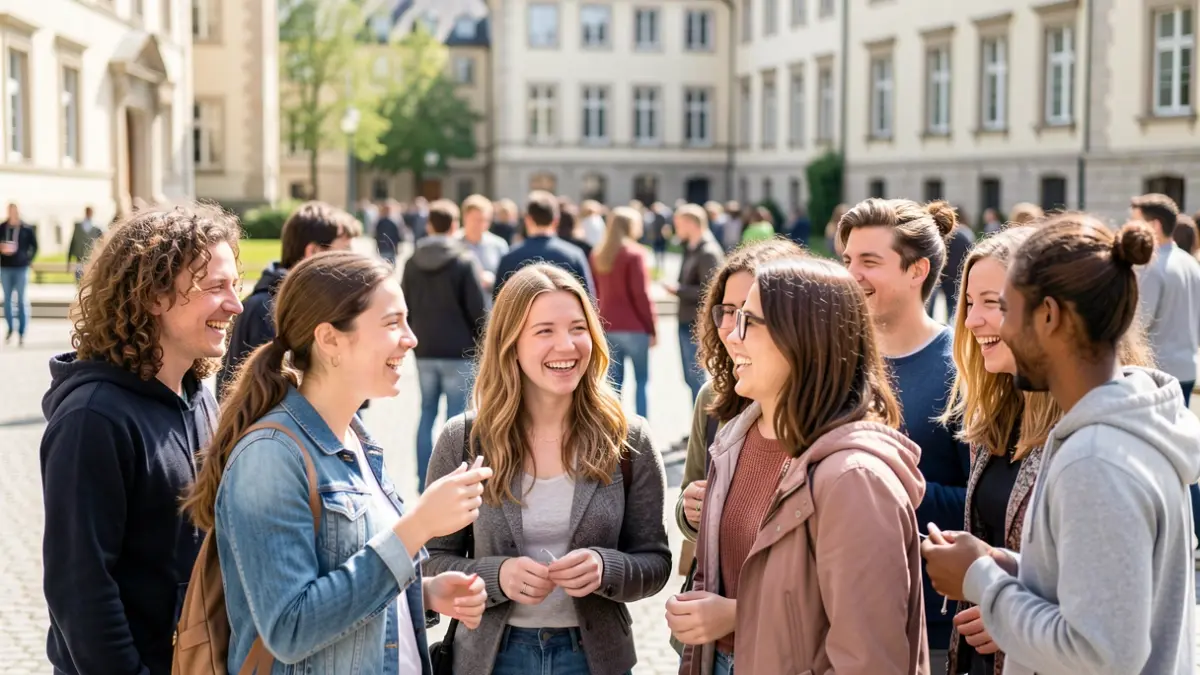 Generic image of international students on a sunny university campus, with blurred buildings in the background.