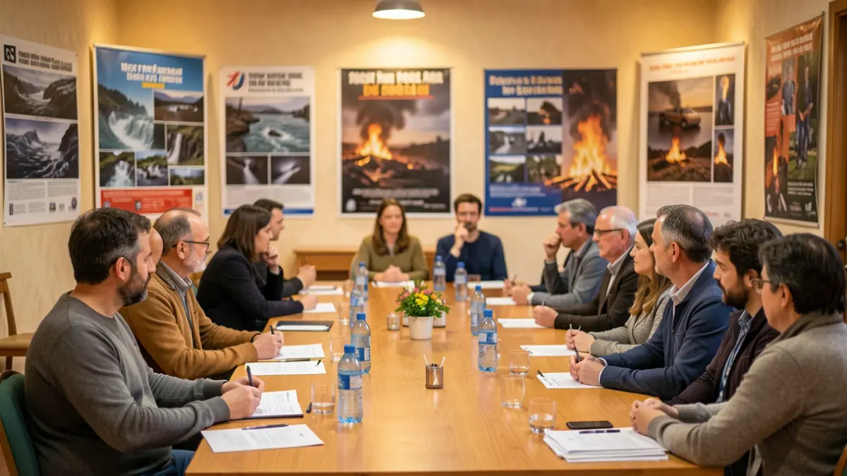 Sala de reuniones comunitaria en Portugal para taller de prevención de riesgos, con carteles sobre inundaciones y terremotos al fondo.