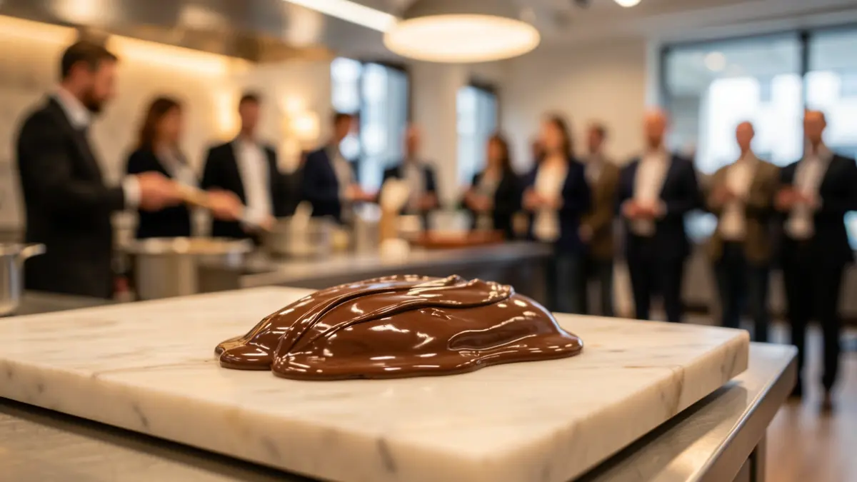 Image of artisanal chocolate being tempered on marble, with blurred professional kitchen elements in the background.