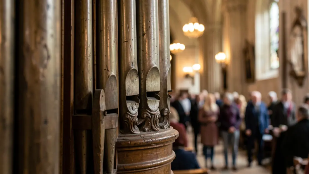 Generic image of an antique organ pipe in close-up, with intricate details, in a blurred historic church interior with soft lighting.