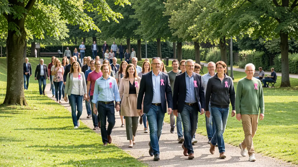 Imagen genérica de un grupo de personas caminando en un parque con lazos rosas.