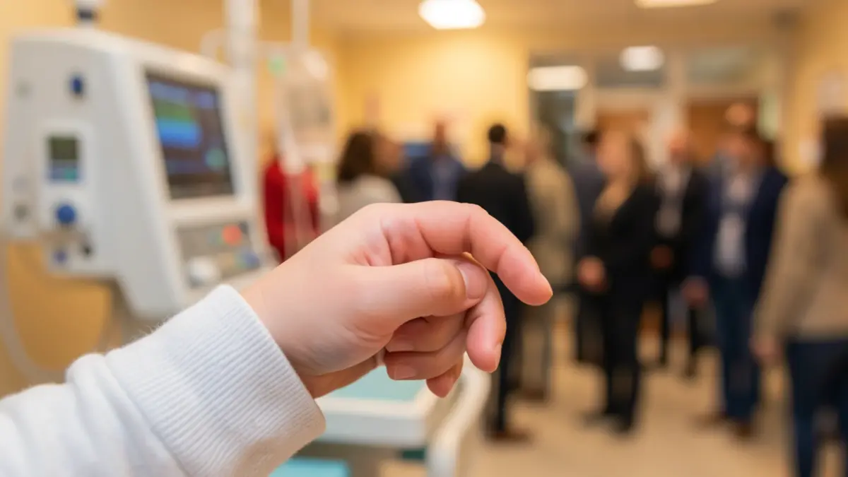 Generic image of a baby's hand gripping an adult finger, with blurred medical equipment in the background.