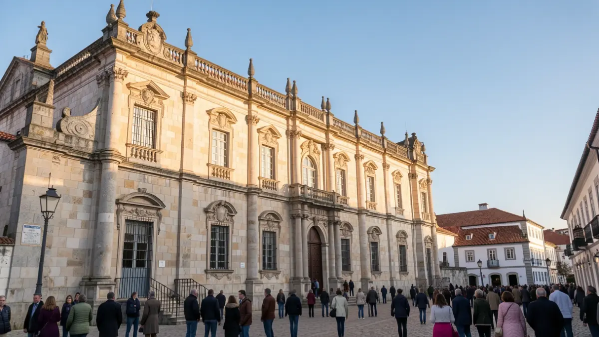 Imagem genérica de um mosteiro histórico português com arquitetura em pedra, sob um céu azul claro e luz solar de fim de tarde.