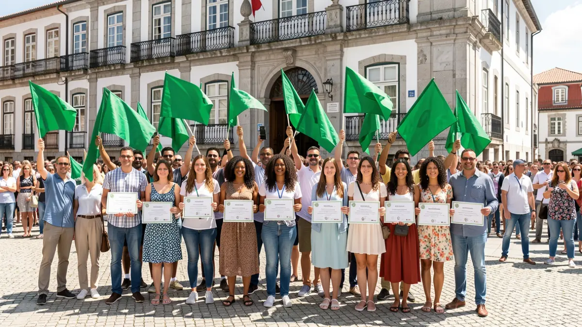 Imagem genérica de alunos e professores a receberem bandeiras verdes em frente a um edifício municipal português.