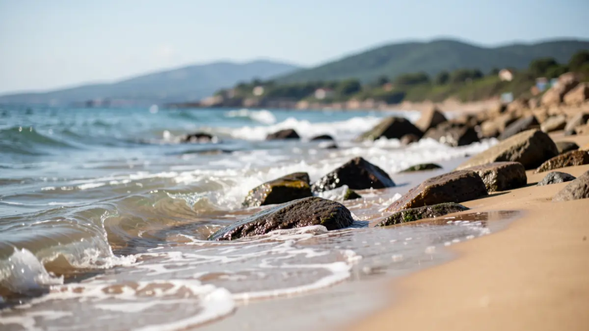 Generic image of the Portuguese coast with waves reaching the sand and rocks, with green hills in the background.