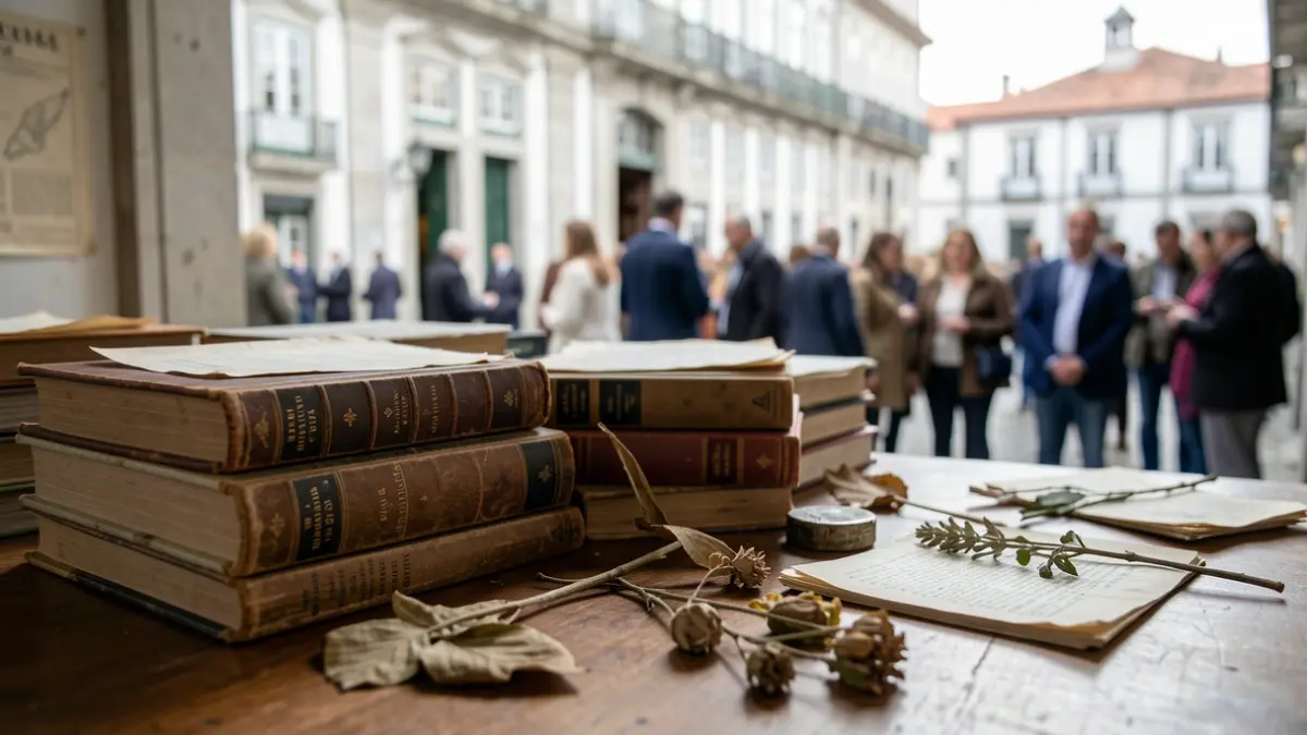 Generic image of a stack of old scientific books and botanical specimens on a wooden desk, with blurred Portuguese architecture in the background.