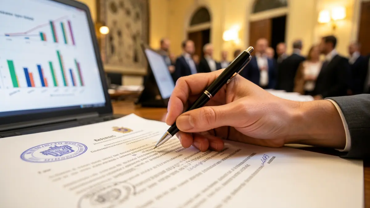 Generic image of a hand holding a pen over an official document with seals, with blurred financial charts in the background.