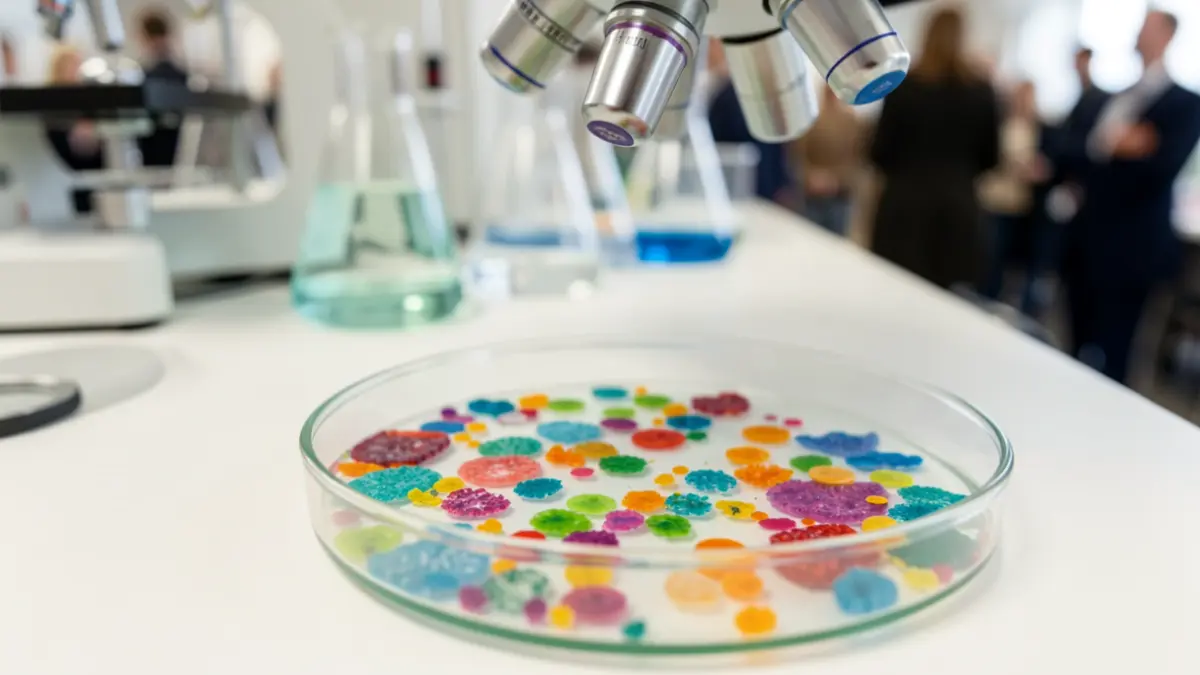 Close-up de uma placa de Petri com microrganismos coloridos sob um microscópio, com equipamento científico e vidraria de laboratório desfocados ao fundo.