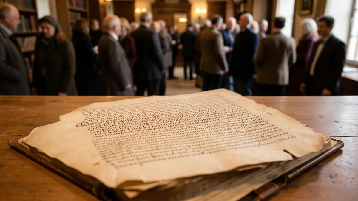 Generic image of an old historical book open on a wooden desk, with soft lighting.