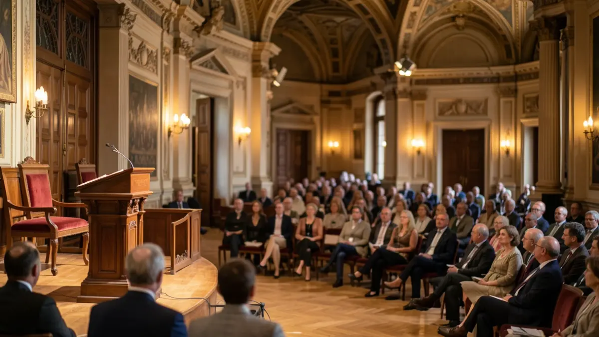Imagem genérica de um salão académico com arquitetura ornamentada, um púlpito em destaque e público desfocado ao fundo.