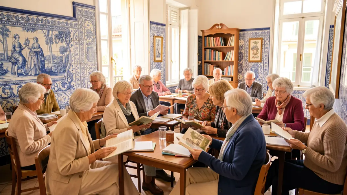 Imagem genérica de um grupo de idosos a participar numa aula numa sala luminosa com elementos da arquitetura portuguesa.
