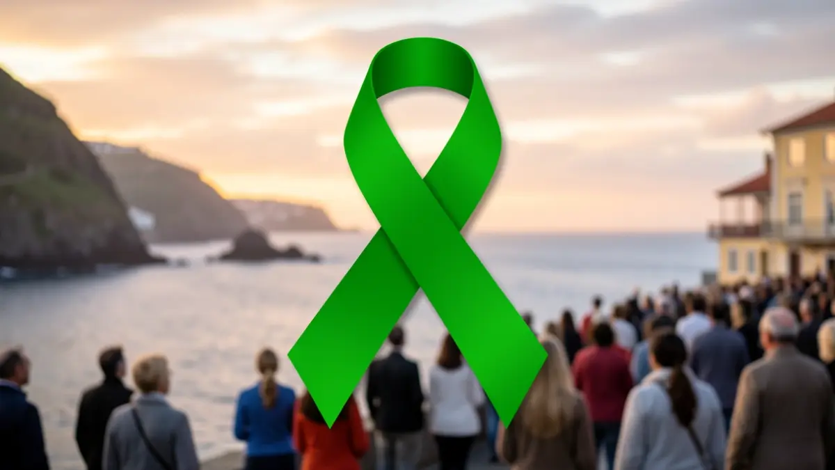 Símbolo de lazo verde para la concienciación sobre la salud mental, superpuesto a la costa de Madeira al atardecer.