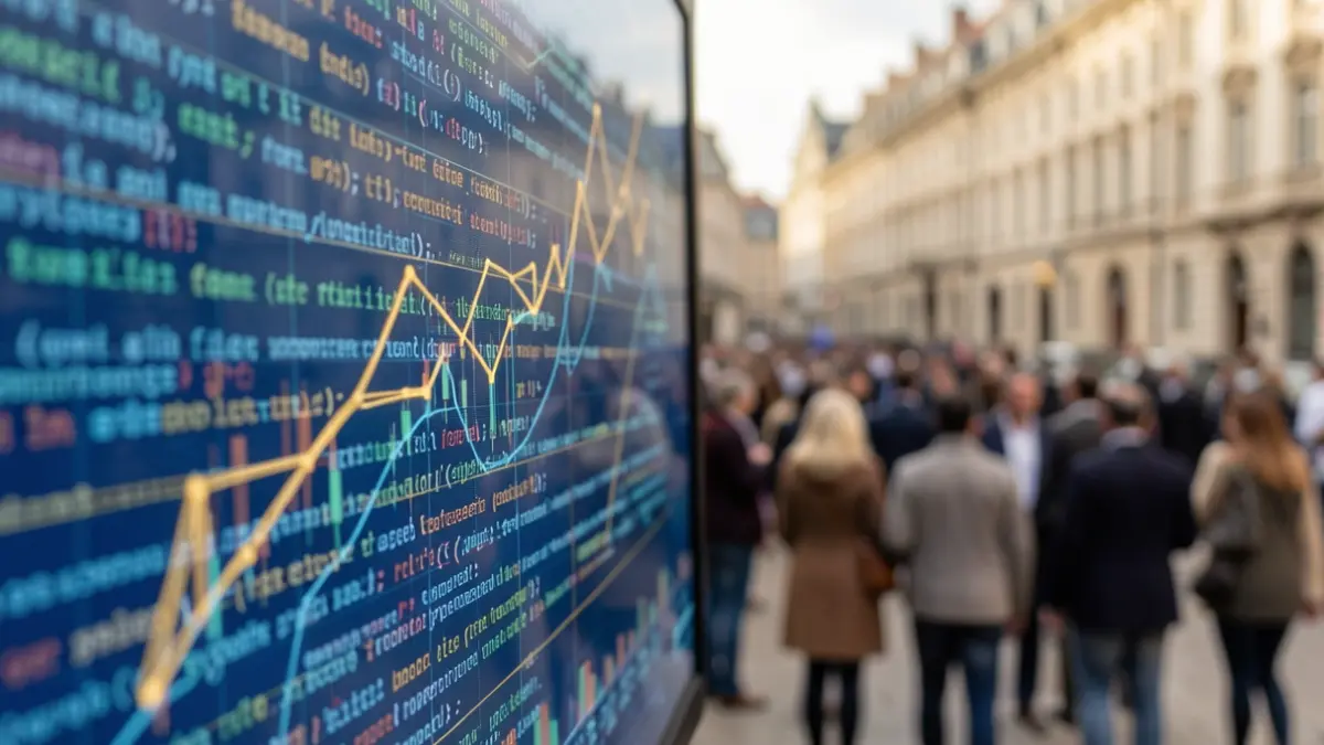 Generic image of abstract financial graphs and lines of code in shades of blue and gold.