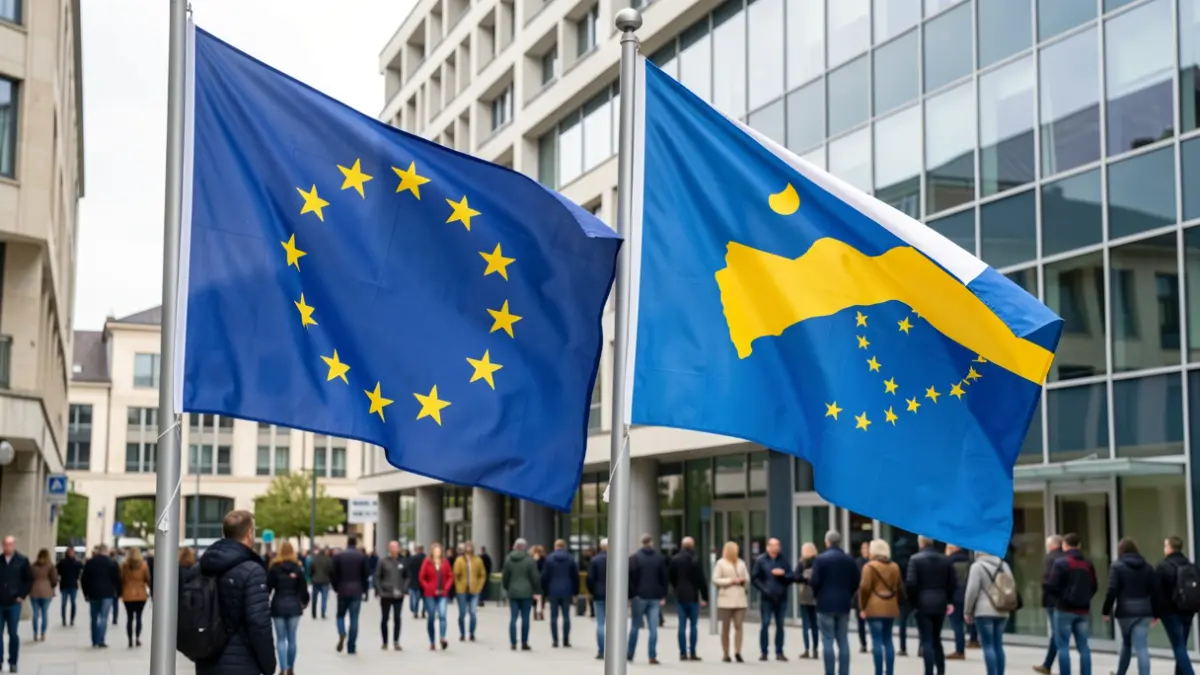 Flags of the European Union and the Azores side-by-side in front of a modern building.
