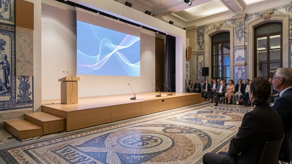 Imagen de una sala de conferencias moderna en Portugal, con detalles arquitectónicos portugueses e iluminación suave.