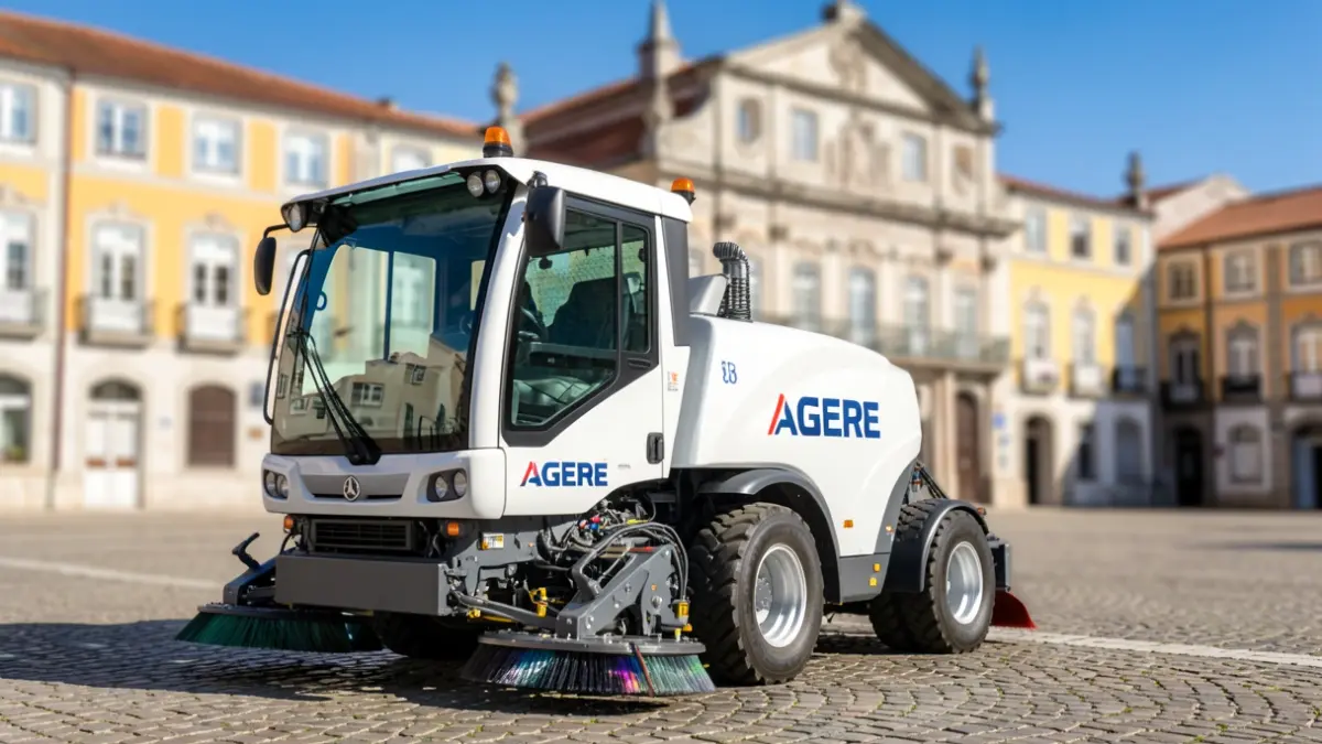 Imagem genérica de um camião elétrico de limpeza urbana com a marca AGERE, estacionado numa praça com edifícios históricos ao fundo.