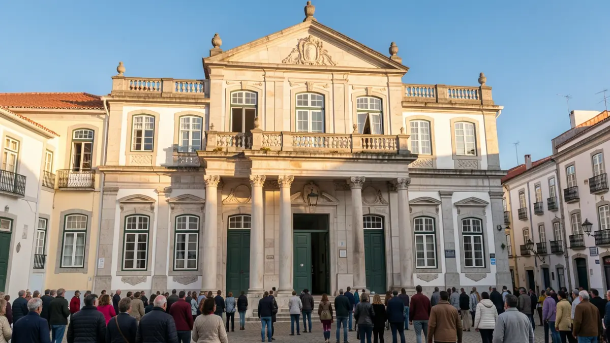 Generic image of the facade of a Portuguese municipal building with classical architectural elements, under late afternoon sunlight.