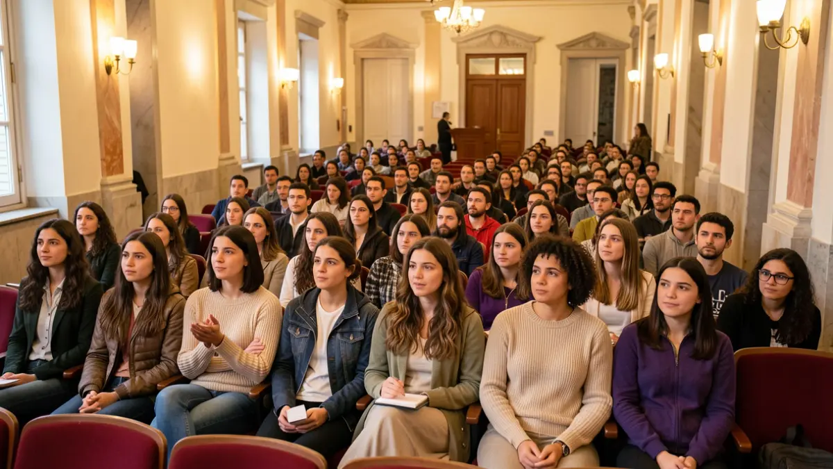 Generic image of students and teachers in a Portuguese school auditorium, focusing on an attentive audience and subtle architectural elements.
