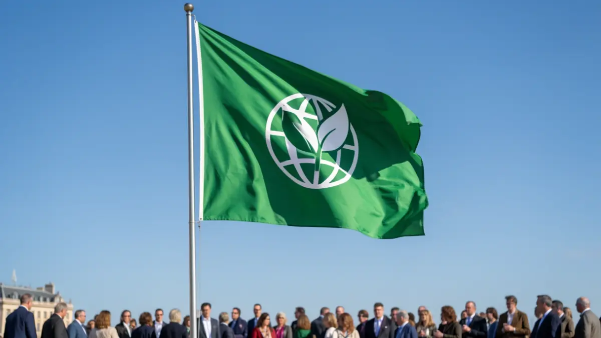 Imagem genérica de uma bandeira verde com um símbolo ecológico a tremular num céu azul.