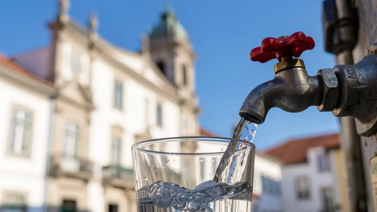 Generic image of a water tap with water flowing into a glass, with a blurred municipal building in the background.