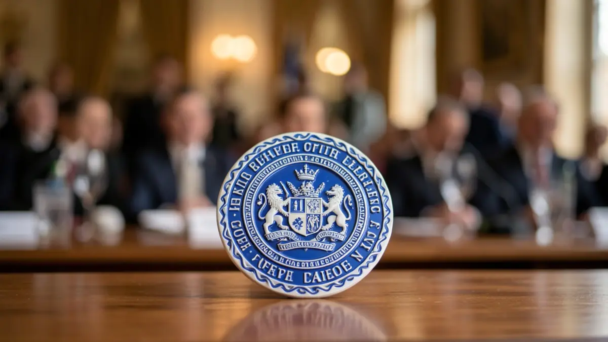 Imagem genérica de um selo de qualidade com detalhes intrincados sobre uma mesa.
