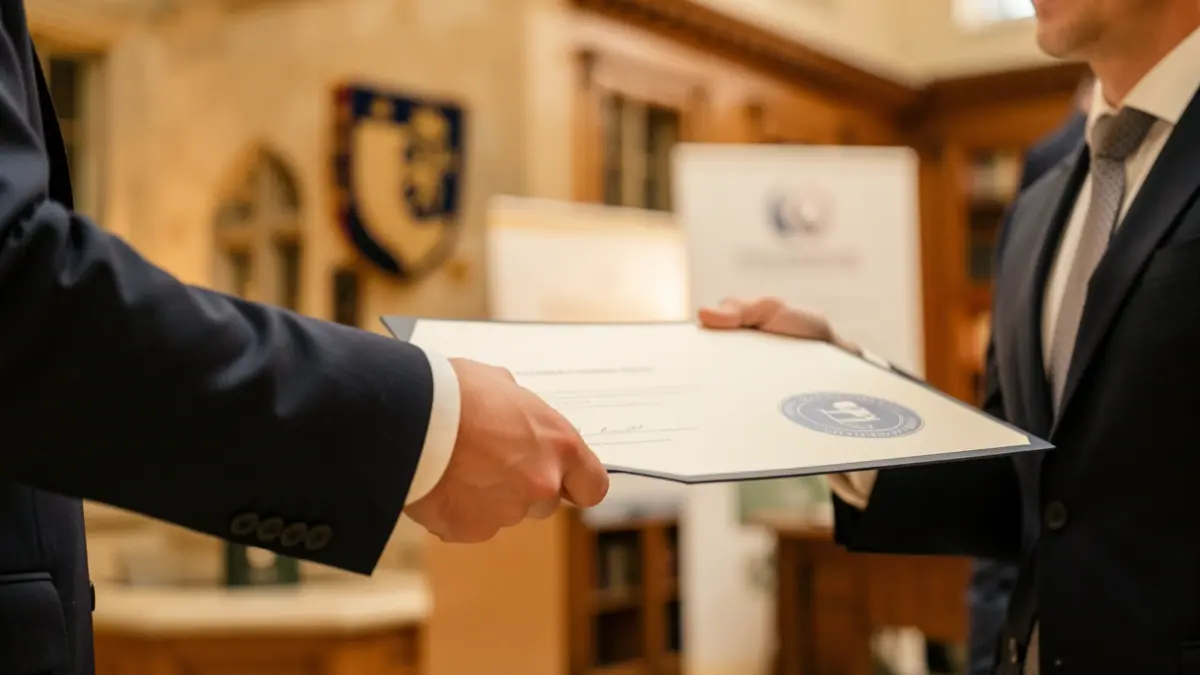 Image of a merit scholarship being awarded at a university ceremony.