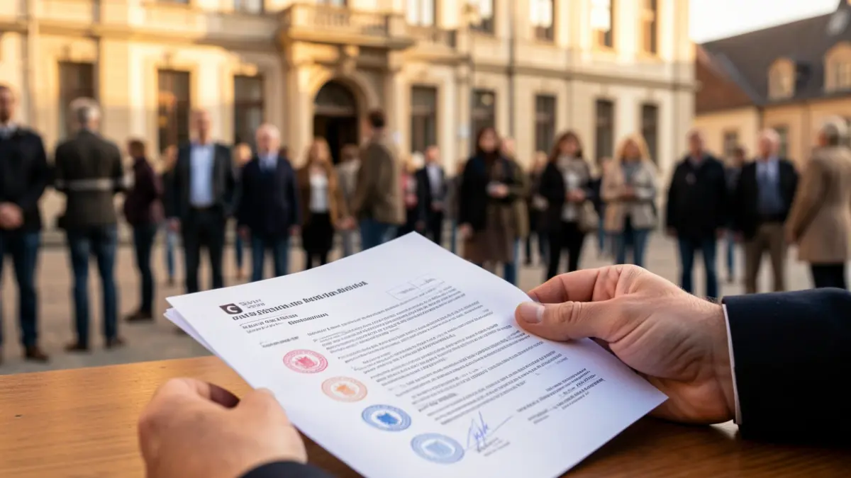 Generic image of a hand holding an official document with seals, on a table with a blurred town hall facade in the background.