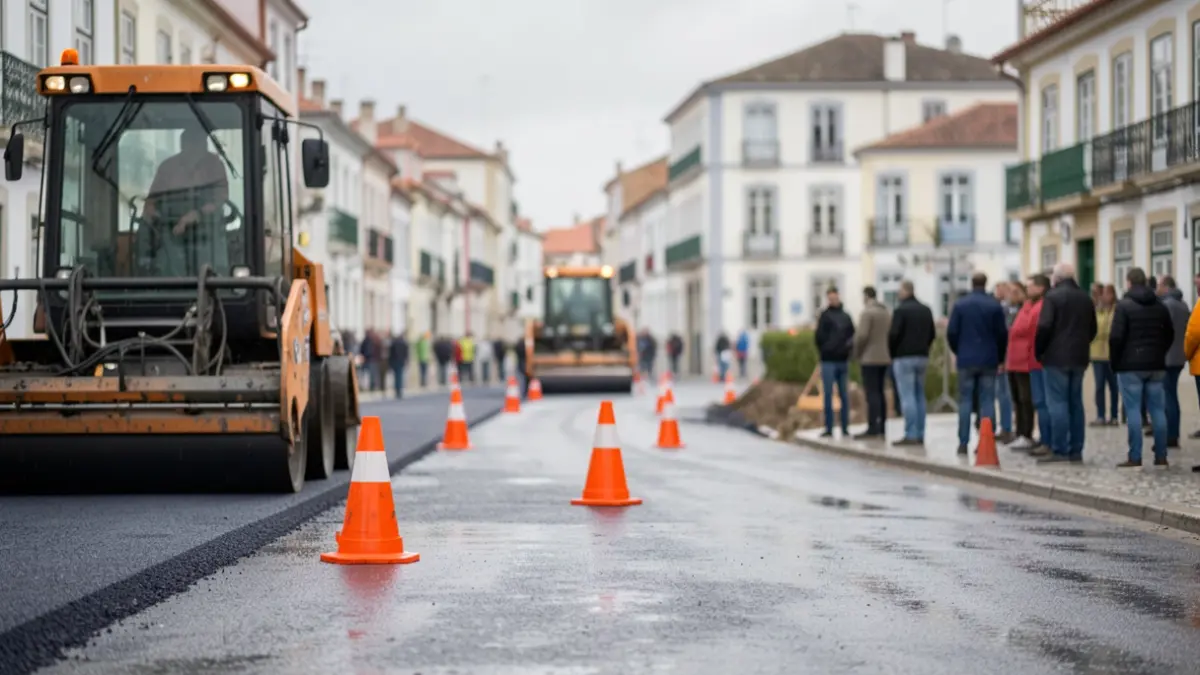 Imagem genérica de obras rodoviárias em Portugal, com equipamento de pavimentação e cones de trânsito.