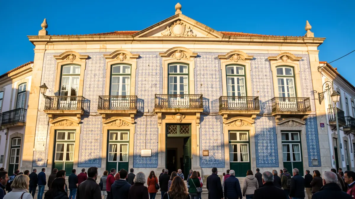 Fachada de um edifício municipal português com azulejos e varandas ornamentadas.