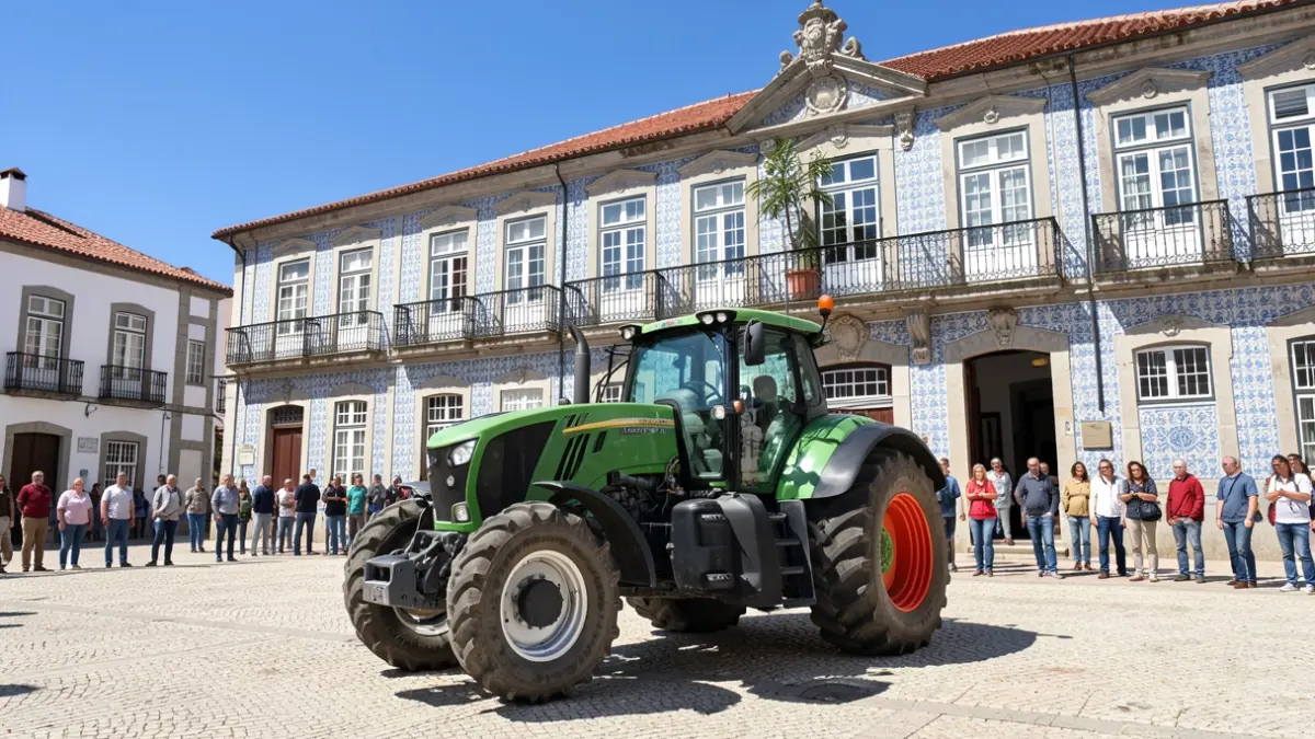 Imagem genérica de um trator florestal novo em frente a um edifício municipal português.
