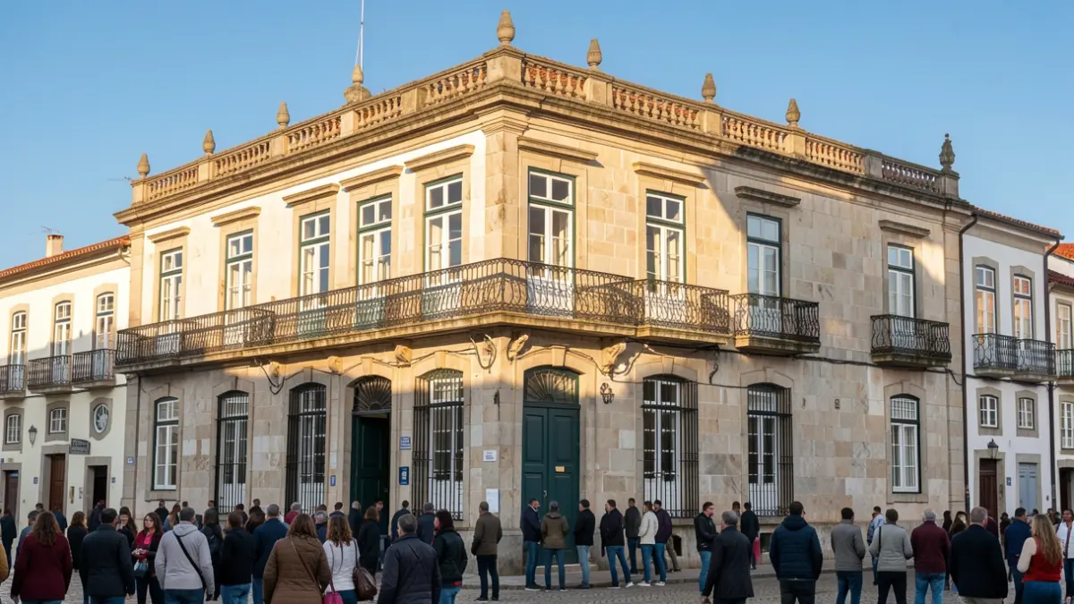 Facade of a Portuguese municipal building with ornate balconies and iron railings, warm afternoon sunlight casting shadows on sandstone walls, blue sky.