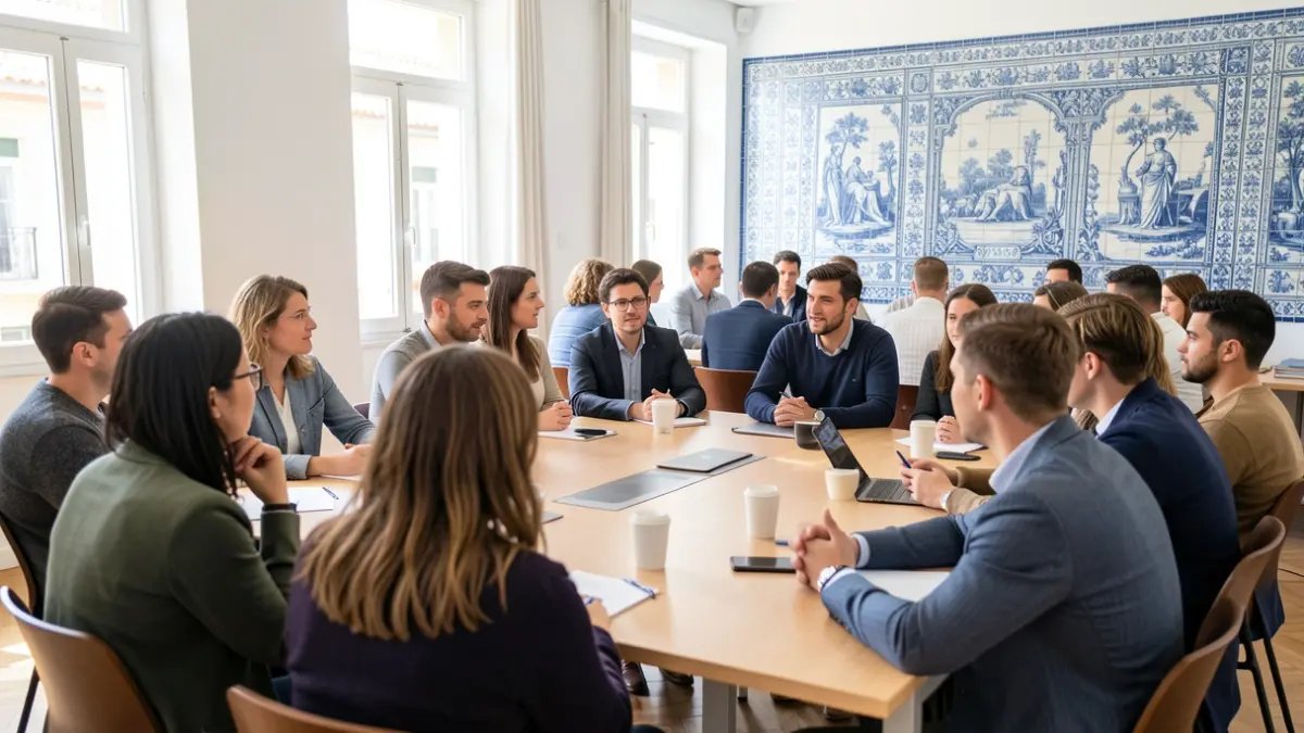 Image of a diverse group of young adults and professionals in a modern conference room in Albufeira, with Portuguese azulejo tiles visible.
