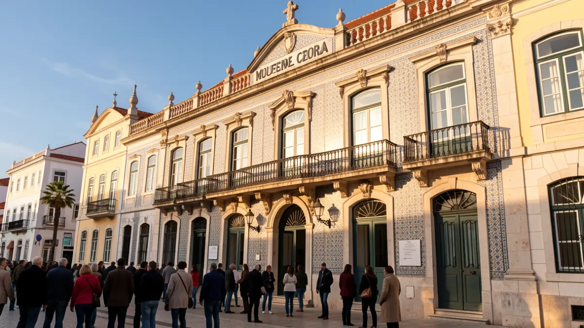 Fachada da Câmara Municipal de Albufeira com varandas ornamentadas e azulejos tradicionais portugueses, luz solar quente da tarde, céu azul.