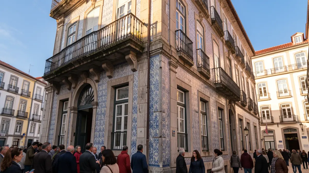 Imagen genérica de una fachada de edificio municipal portugués con azulejos tradicionales y detalles de piedra, cálida luz de tarde, cielo azul.