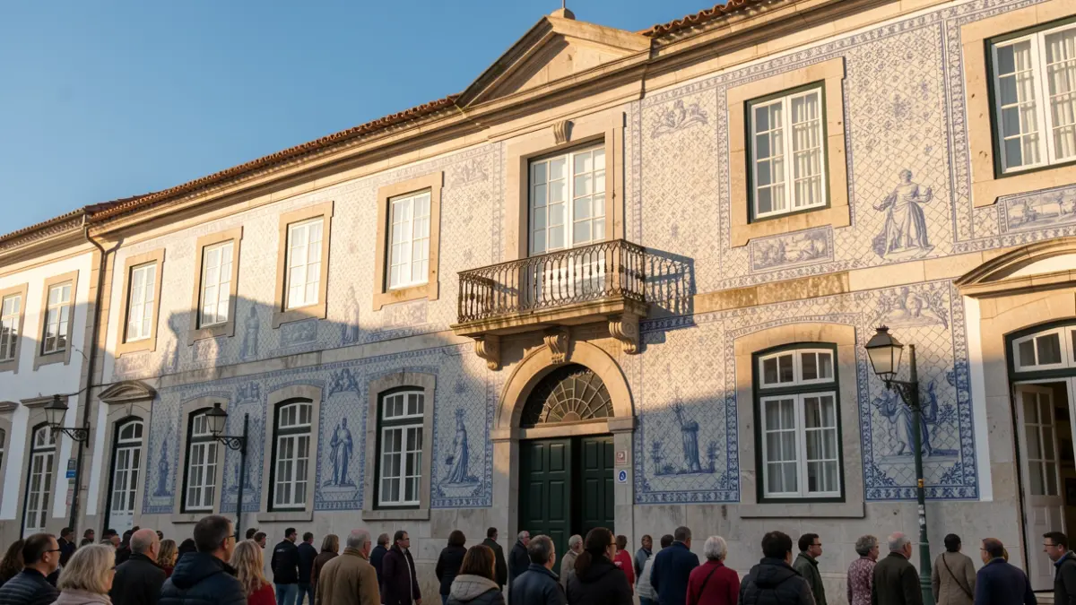 Generic image of a Portuguese municipal building facade with traditional azulejo tiles and a balcony, in warm afternoon sunlight.