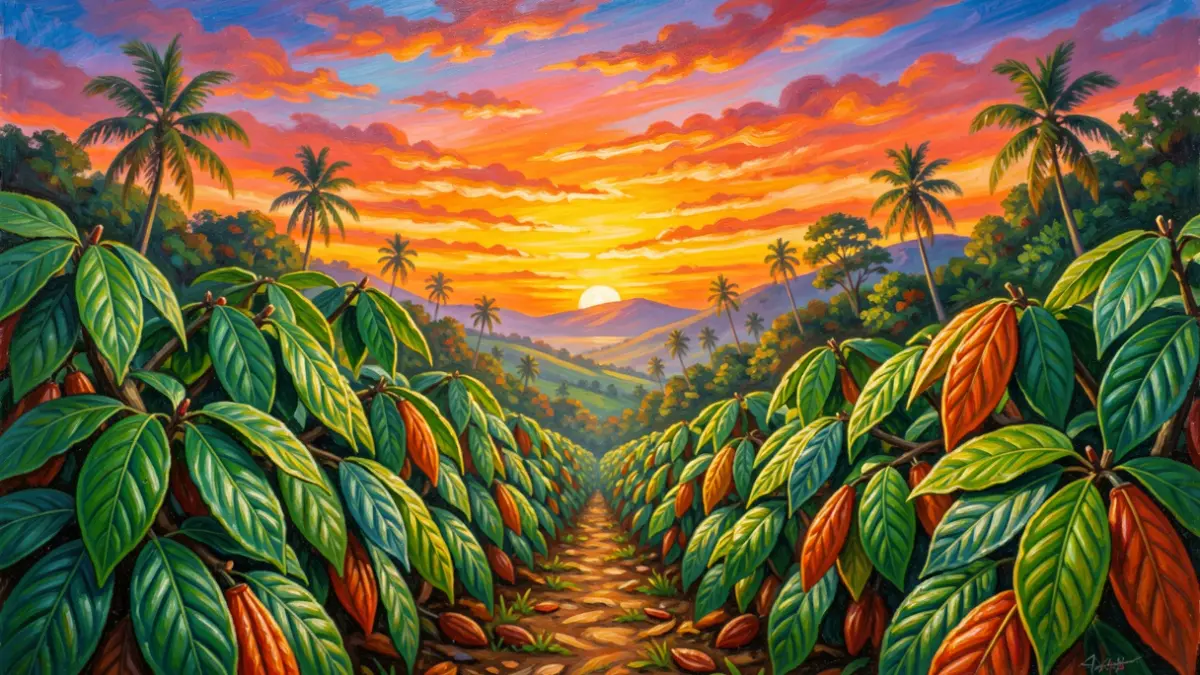 Painting inspired by Meire Gomes, featuring a cocoa landscape and sunset.