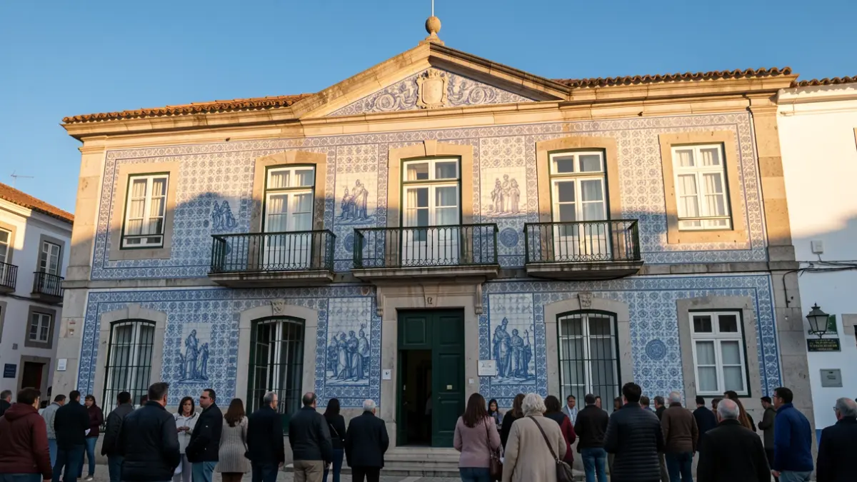 Imagem genérica de uma fachada de edifício municipal com azulejos tradicionais portugueses.
