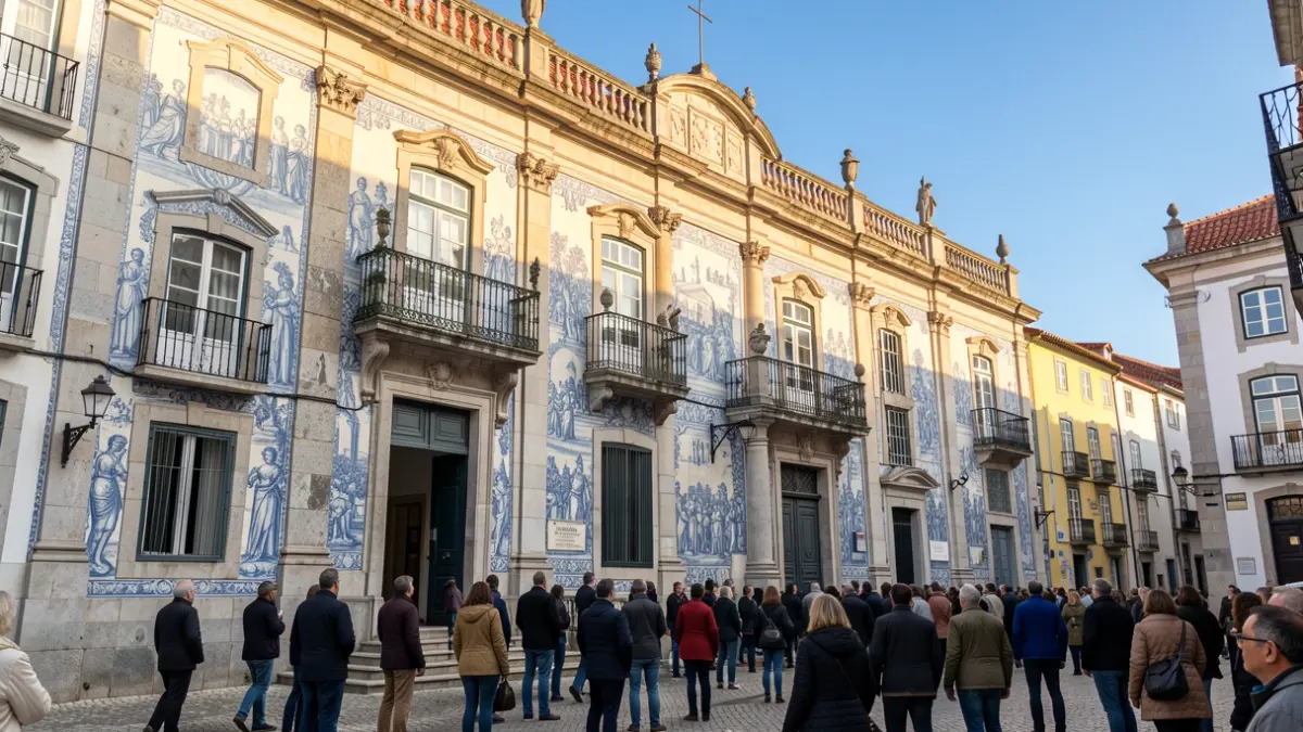 Generic image of a Portuguese town hall facade with traditional azulejo tiles and stone elements, warm afternoon sunlight, blue sky.