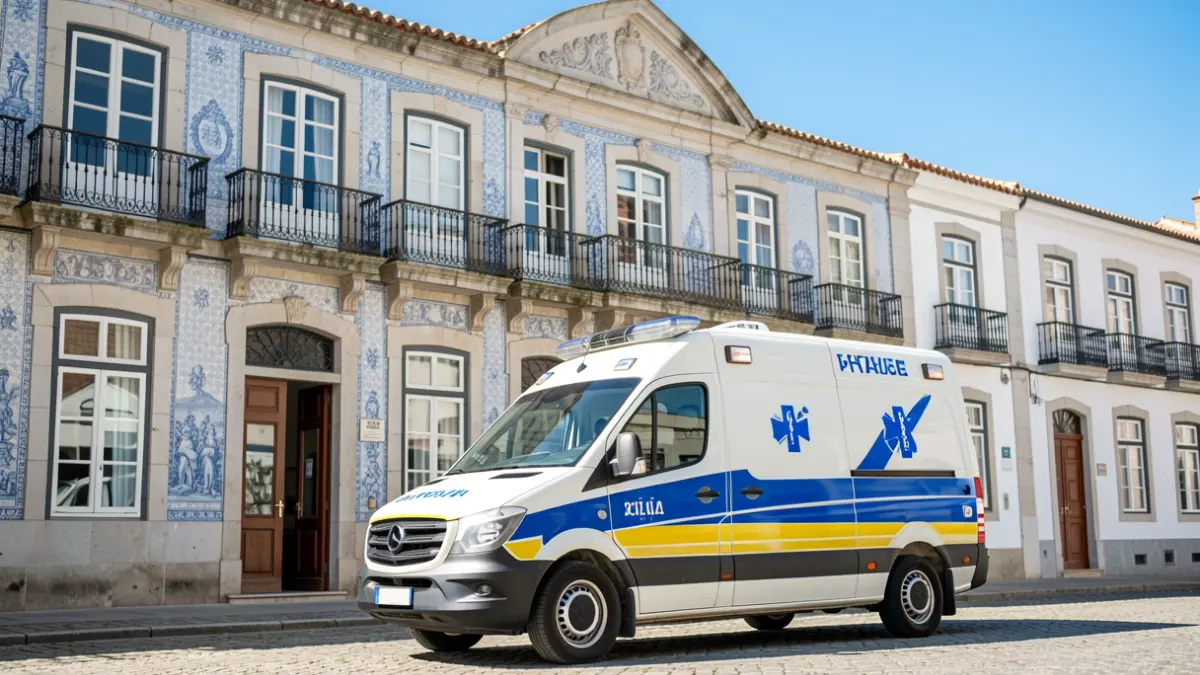 Imagem genérica de uma ambulância moderna estacionada em frente a um edifício municipal português.