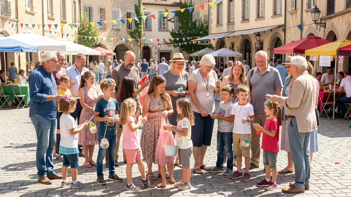 Imagen genérica de un grupo diverso de adultos y niños participando en una búsqueda del tesoro al aire libre en una plaza soleada, con banderas coloridas y estaciones de actividad visibles al fondo.