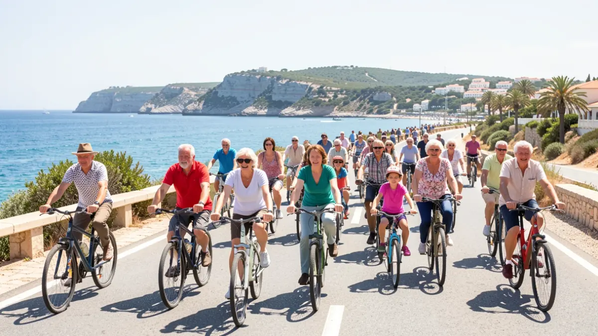 Participantes de várias idades pedalam juntos em Albufeira durante um evento desportivo comunitário.