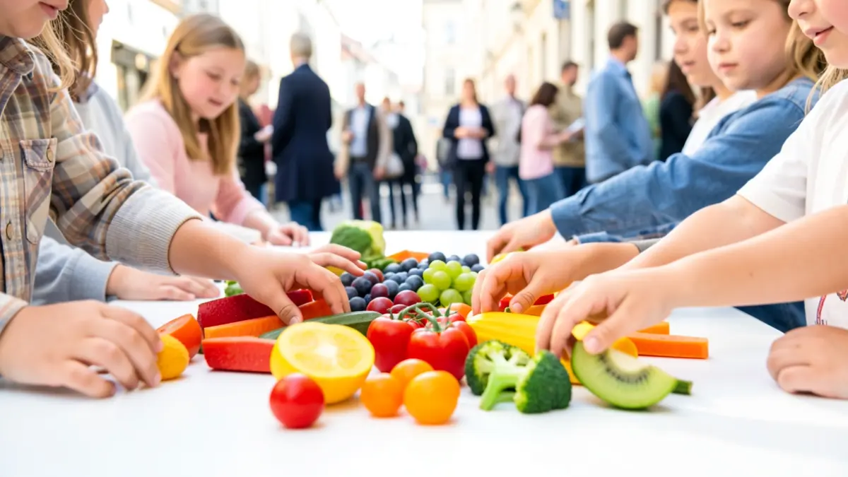 Generic image of children's hands reaching for colorful fruits and vegetables on a white table, representing healthy snacks.
