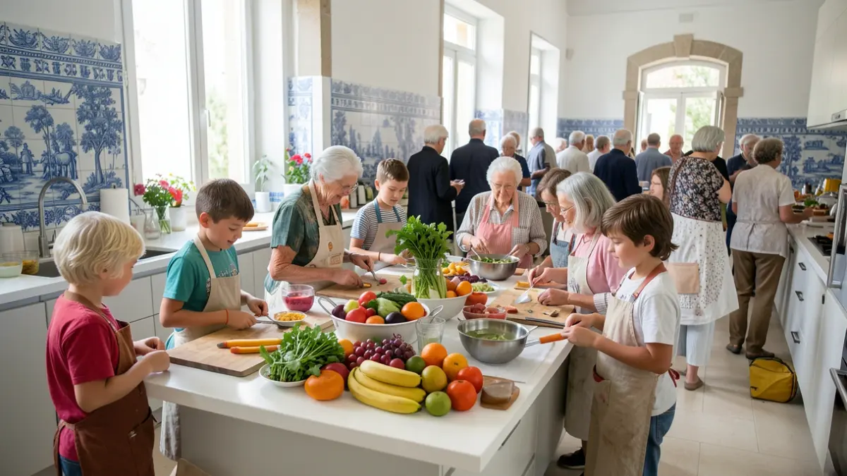 Imagem genérica de crianças e idosos a participar numa oficina de culinária saudável, com frutas e vegetais frescos numa cozinha moderna.
