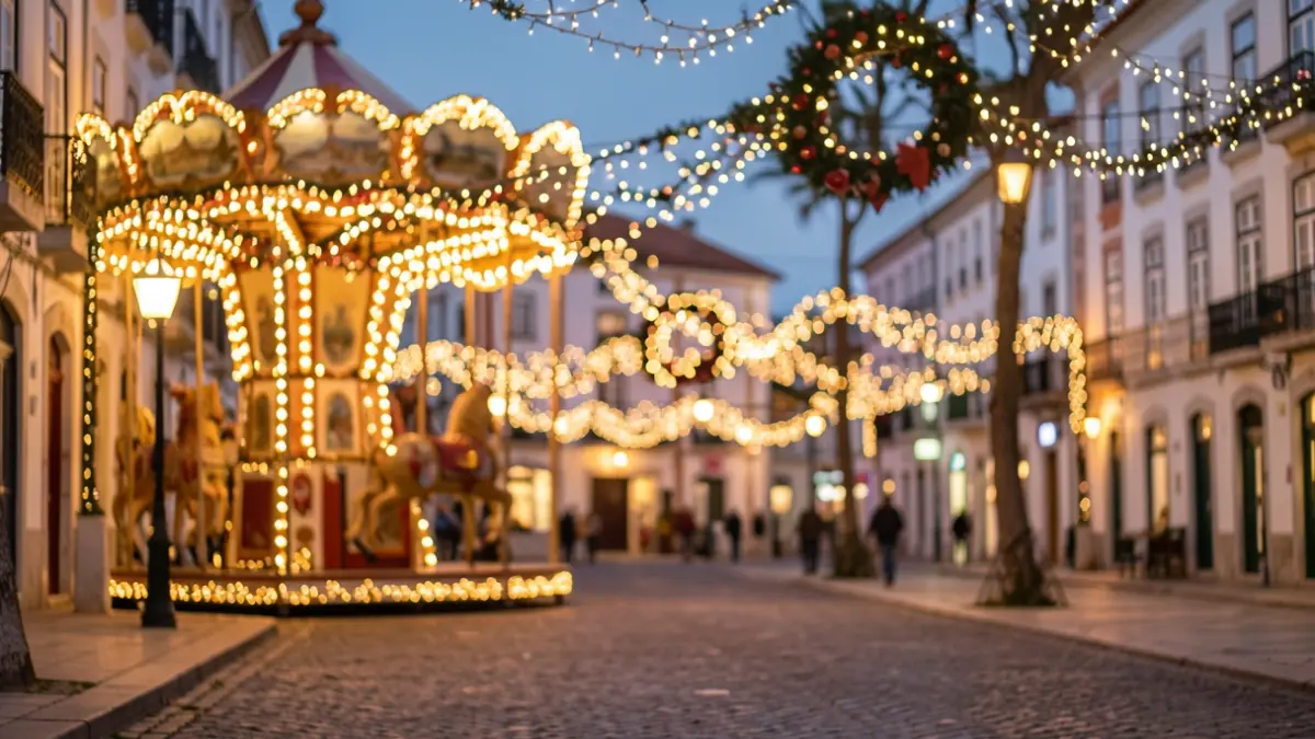 Imagen genérica de iluminación navideña y carrusel en una plaza al atardecer, con ambiente mágico.