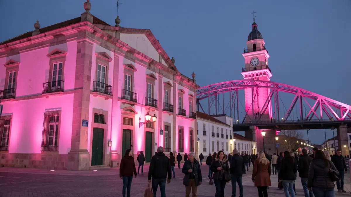 Alcácer do Sal municipal lighting in pink tones for the October Pink campaign.